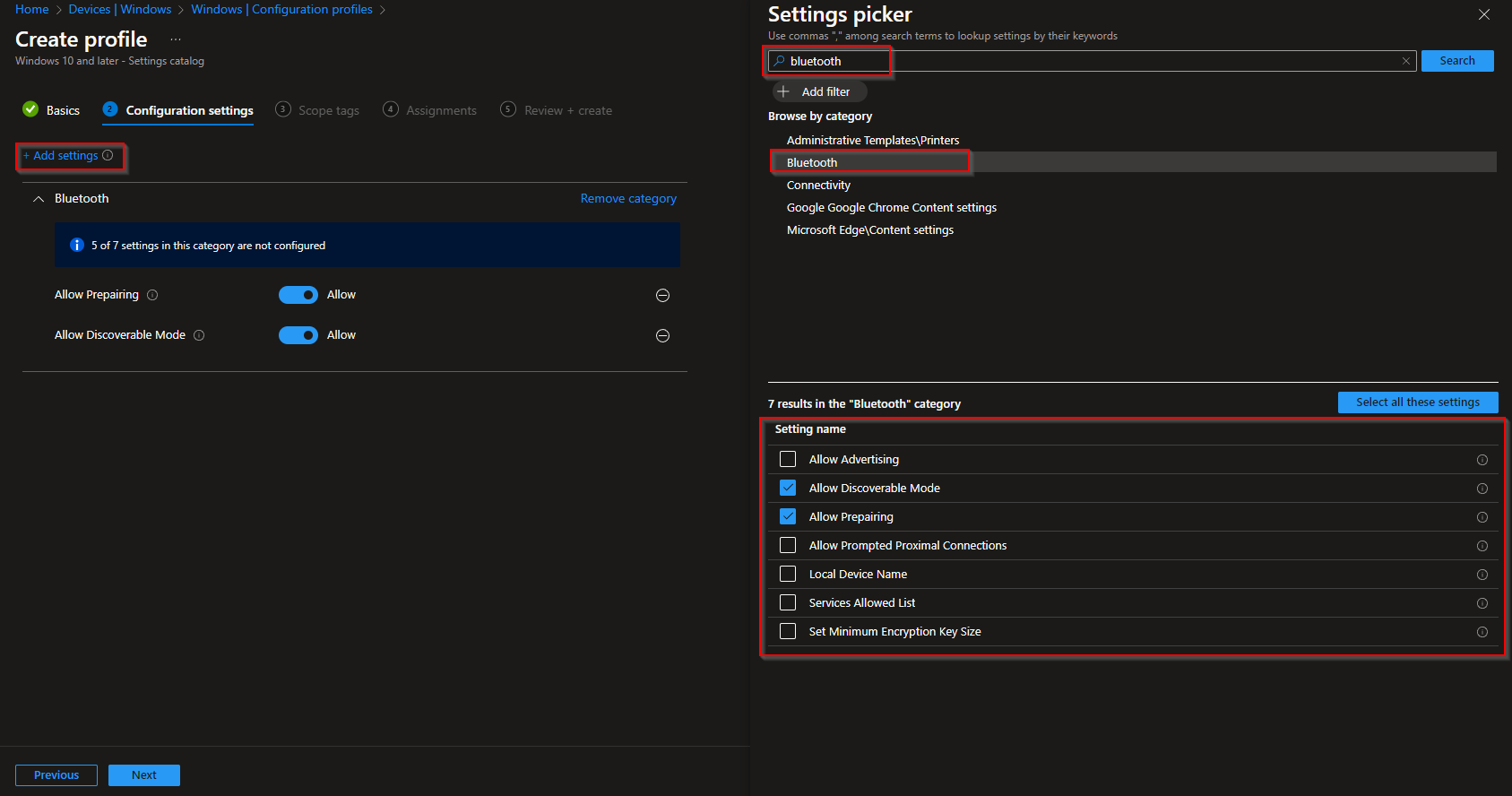 Bluetooth settings category in Intune Settings Catalog